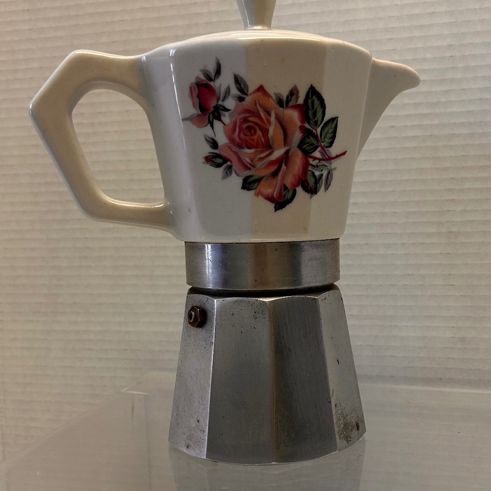 Vintage Gemeli Moka / Moca Pot Espresso Coffee Maker * Porcelain Roses * Italy *